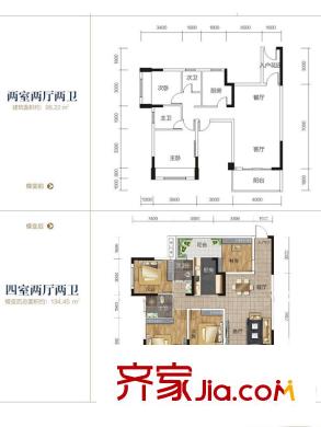 悅湖山D戶型 2室2廳2衛(wèi)1廚