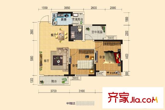 錢隆世家23號棟4戶型 2室2廳1衛(wèi)1廚