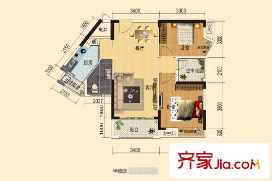 錢隆世家23號棟5戶型 2室2廳1衛(wèi)1廚