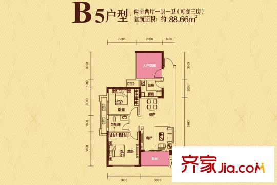 國(guó)泰九龍灣2號(hào)棟B5戶型 2室2廳1衛(wèi)1廚