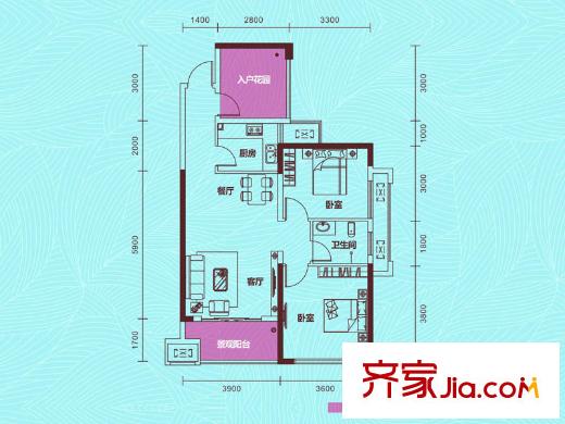 國(guó)泰九龍灣B2戶型 2室2廳1衛(wèi)1廚