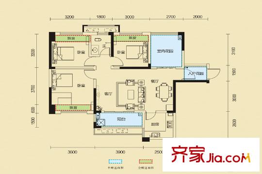 家和院6、12號棟B-2朝西戶型 3室2廳1衛(wèi)1廚