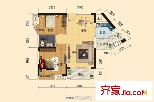錢隆世家23號棟2戶型 2室2廳1衛(wèi)1廚