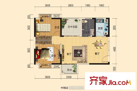 錢隆世家23號棟1戶型 2室2廳1衛(wèi)1廚