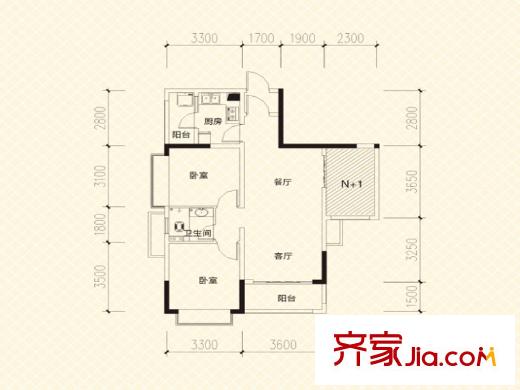 錢隆世家1、2、3、4、7棟A-3戶型 2室2廳1衛(wèi)1廚