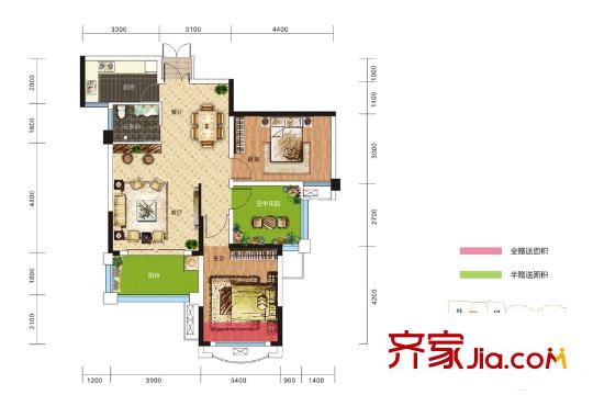 濱江國(guó)際城3號(hào)棟02戶(hù)型 2室2廳1衛(wèi)1廚
