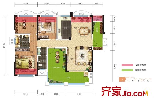 濱江國際城3號棟01戶型 3室2廳2衛(wèi)1廚