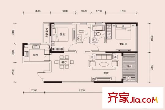 恩瑞御西湖A6戶型 2室2廳2衛(wèi)1廚