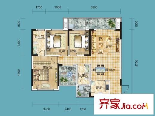 塞納公館1號棟塞納逸品戶型 3室2廳2衛(wèi)1廚