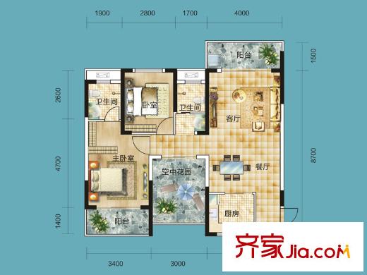 塞納公館2號棟塞納峰景戶型 2室2廳2衛(wèi)1廚