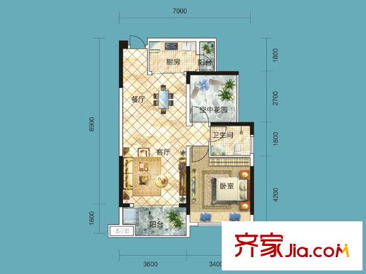 塞納公館1號棟塞納陽光戶型 1室2廳1衛(wèi)1廚