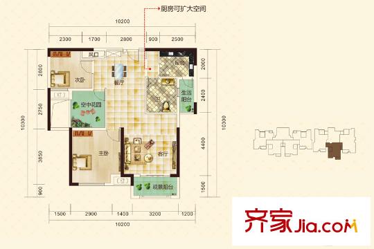 艾美瀟湘1號棟D1戶型 3室2廳1衛(wèi)1廚