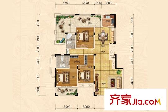 艾美瀟湘F3戶型 3室2廳2衛(wèi)1廚