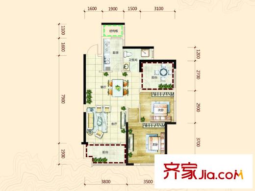 電建地產(chǎn)星湖灣A-3戶型 2室2廳1衛(wèi)1廚