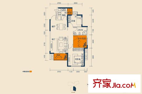 振業(yè)城二期5-7棟D3'戶型 3室2廳1衛(wèi)1廚