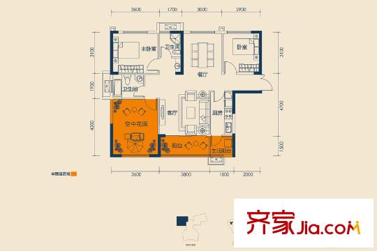 振业城二期5栋d1户型 3室2厅2卫1厨