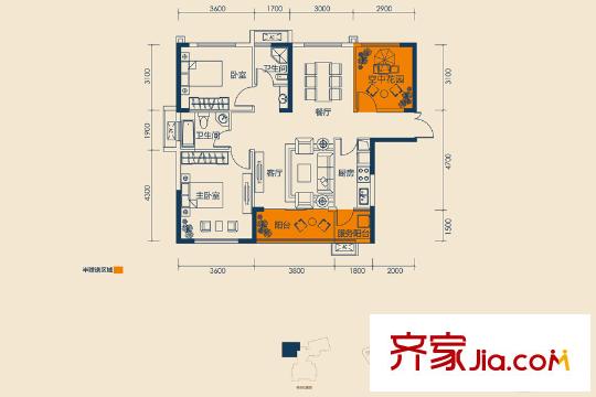 振業(yè)城二期6-7棟D1戶型 3室2廳2衛(wèi)1廚