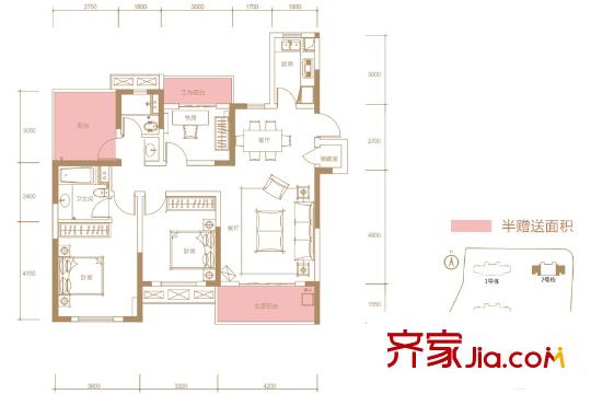 奧克斯城市之光一期2號棟E戶型 3室2廳2衛(wèi)1廚