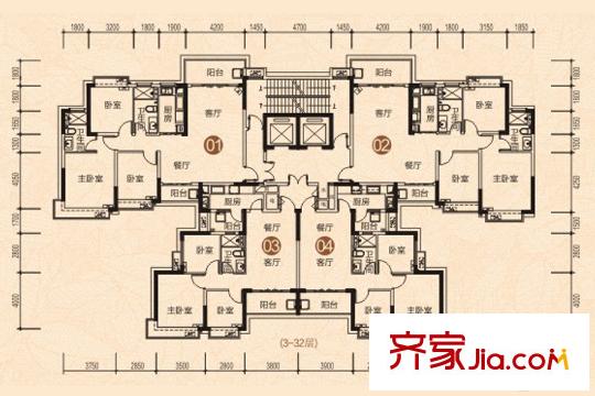 恒大雅苑63號(hào)棟戶型平面圖 3室2廳2衛(wèi)1廚
