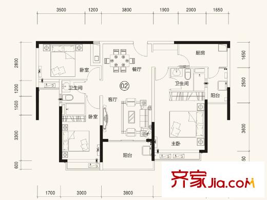 恒大雅苑31號(hào)棟02戶型平面圖 3室2廳2衛(wèi)1廚