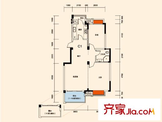 中國鐵建山語城二期C1戶型 2室2廳1衛(wèi)1廚