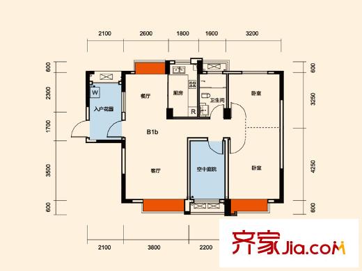 中國鐵建山語城二期B1b戶型 2室2廳1衛(wèi)1廚