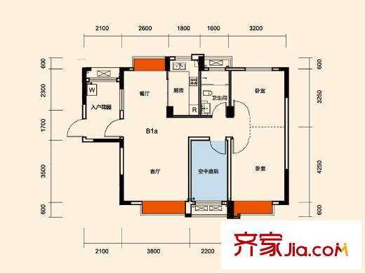 中國鐵建山語城二期B1a戶型 2室2廳1衛(wèi)1廚
