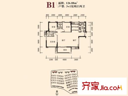 振業(yè)城B1戶型 3室2廳2衛(wèi)1廚