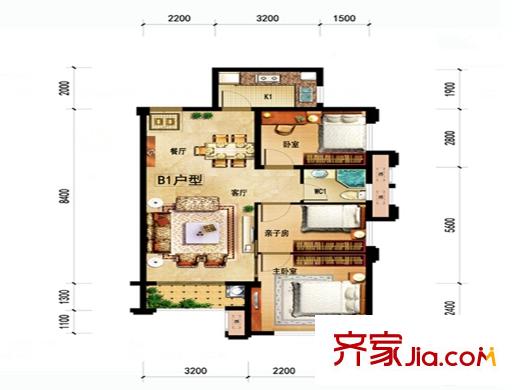 曠遠(yuǎn)洋湖18克拉B1戶型 3室2廳1衛(wèi)1廚
