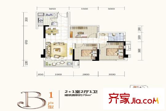 合能洋湖公館二期二期1號(hào)棟B1戶型 3室2廳1衛(wèi)1廚