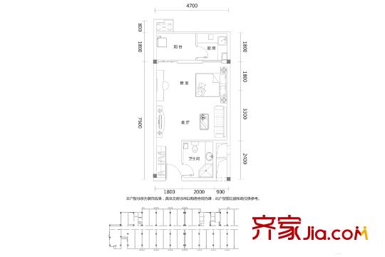 望興西西里12棟H戶型 1室1廳1衛(wèi)1廚