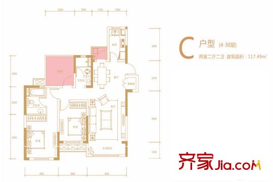 奧克斯城市之光一期2、5號棟4-30層C戶型 2室2廳1衛(wèi)1廚