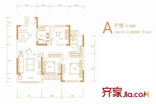 奧克斯城市之光一期2、5號棟4-30層A戶型 3室2廳1衛(wèi)1廚