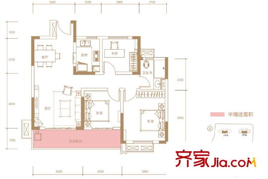 奧克斯城市之光一期1、2、3號棟B戶型 3室2廳1衛(wèi)1廚