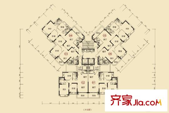 恒大雅苑25號(hào)棟戶型平面圖 3室2廳2衛(wèi)1廚