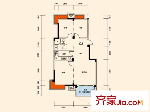 中國鐵建山語城二期C2戶型 2室2廳1衛(wèi)1廚