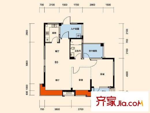 中國鐵建山語城二期B3戶型 2室2廳1衛(wèi)1廚