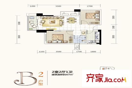 合能洋湖公館二期二期1號(hào)棟B2戶型 2室2廳1衛(wèi)1廚