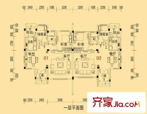 碧桂園山湖城雙拼美墅W-D一層平面圖 2室2廳2衛(wèi)