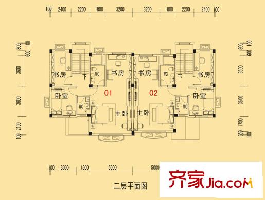 碧桂園山湖城雙拼美墅W-D二層平面圖 2室2廳2衛(wèi)