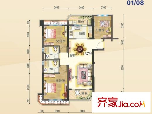 碧桂園山湖城山湖灣J475T戶型 3室2廳2衛(wèi)1廚