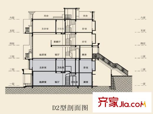 盈峰翠邸d2戶(hù)型下戶(hù)剖面圖 3室2廳2衛(wèi)