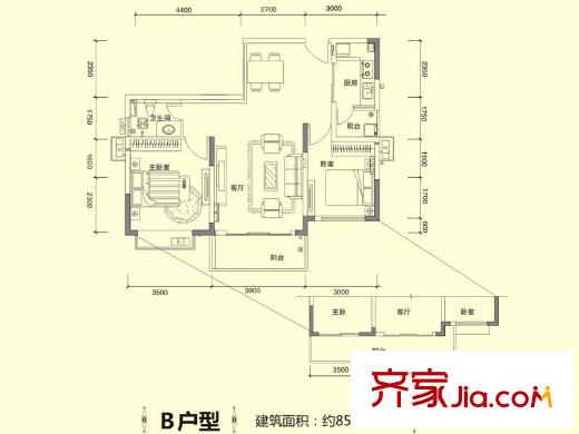 深業(yè)堤亞納灣小高層1-4棟B戶型圖 2室2廳1衛(wèi)1廚