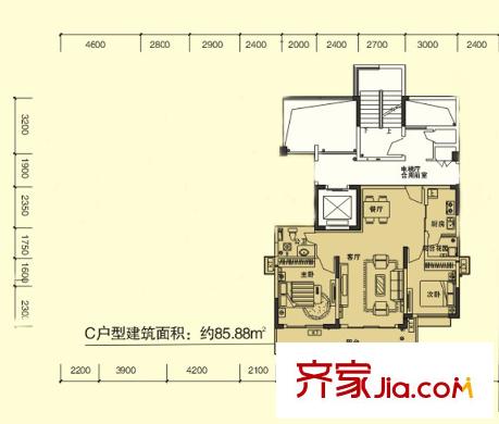深業(yè)堤亞納灣小高層5-5棟C戶型 2室2廳1衛(wèi)1廚