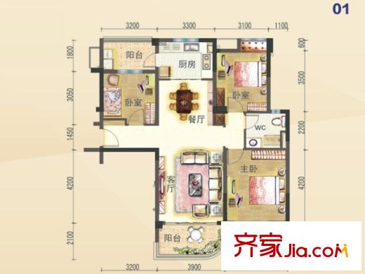 碧桂園山湖城山湖灣J476T 01戶型 3室2廳1衛(wèi)1廚