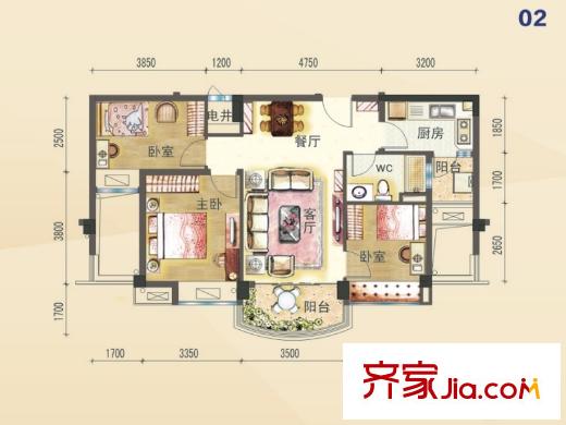 碧桂園山湖城山湖灣J476T 02戶型 3室2廳1衛(wèi)1廚