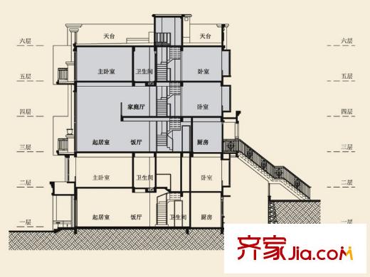 盈峰翠邸d2戶(hù)型上戶(hù)剖面圖 3室3廳3衛(wèi)