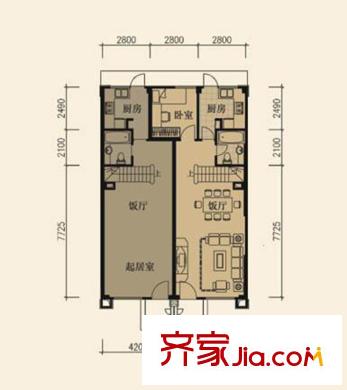 盈峰翠邸疊加別墅（D1型）下戶(hù)一層 3室2廳2衛(wèi)