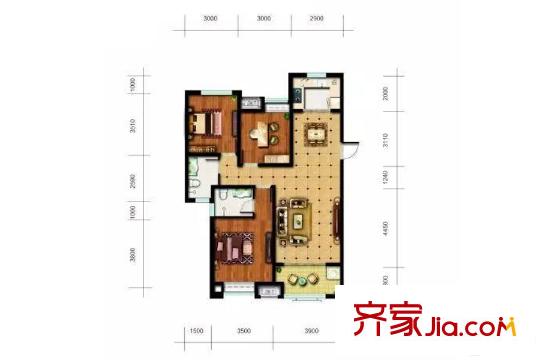 重汽翡翠雅郡2#樓K戶型 3室2廳2衛(wèi)1廚