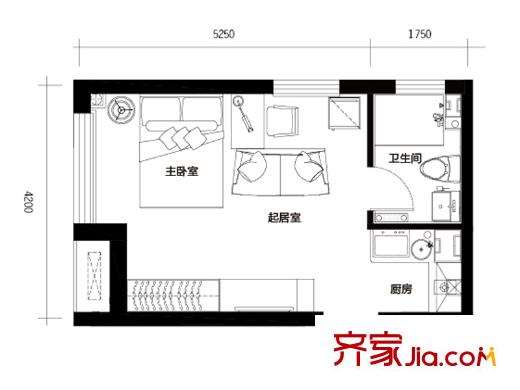 華創(chuàng)觀禮中心3號(hào)樓標(biāo)準(zhǔn)層A戶型 1室1廳1衛(wèi)1廚